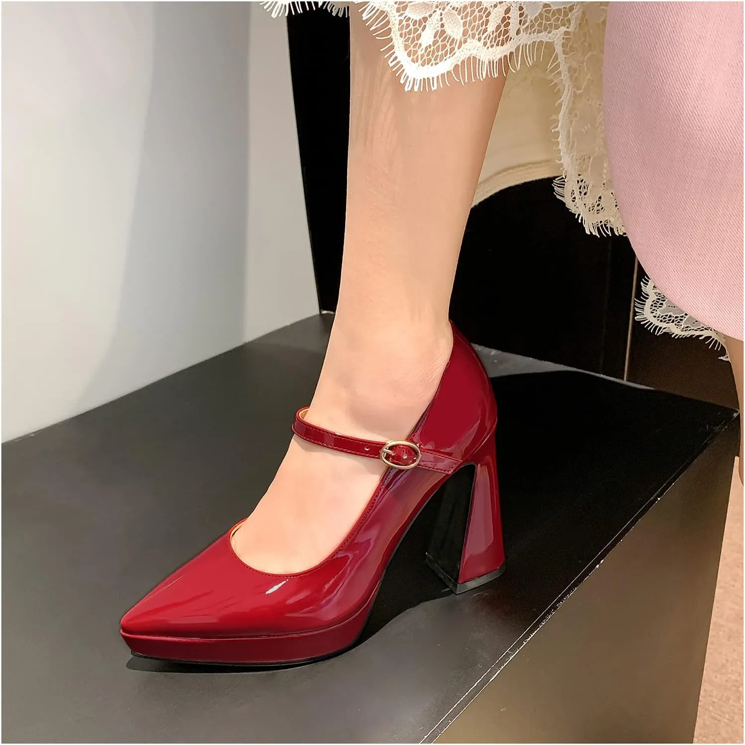 LEMUTISME Women's Fashion Patent Leather Low Platform Ankle Strap Pointed Toe Mary Jane High Block Heel with Buckle Dress Pumps for Wedding Party