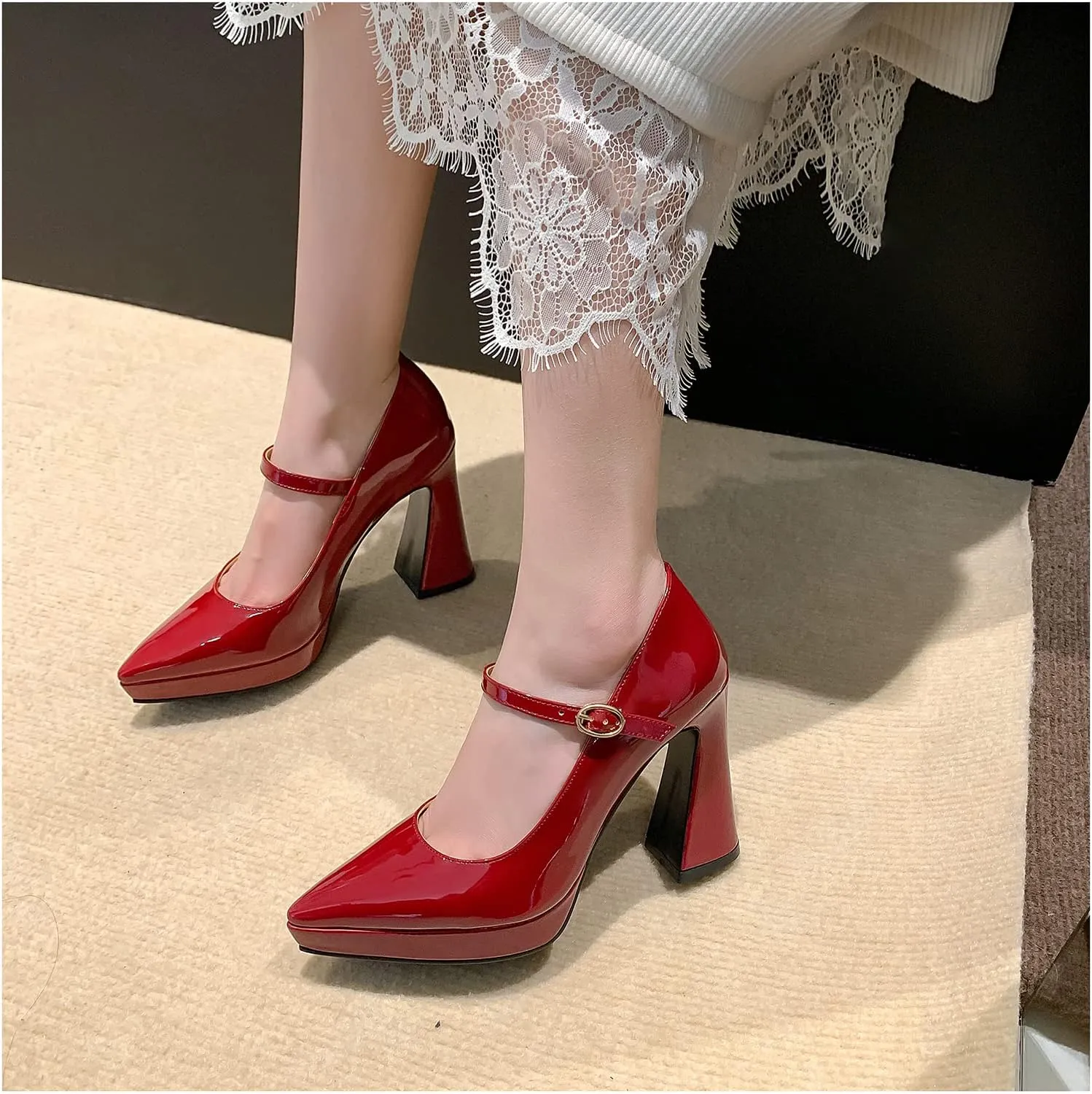 LEMUTISME Women's Fashion Patent Leather Low Platform Ankle Strap Pointed Toe Mary Jane High Block Heel with Buckle Dress Pumps for Wedding Party