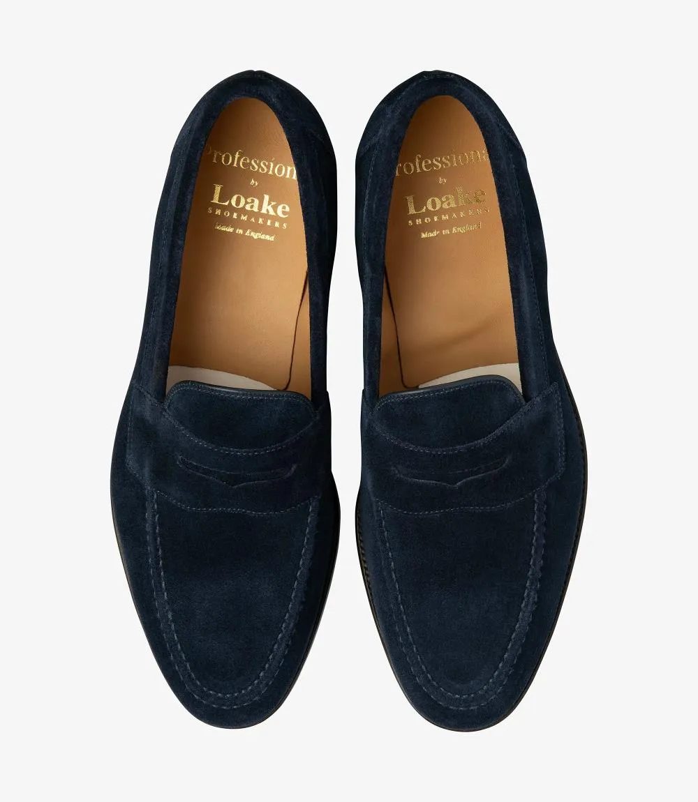 LOAKE IMPERIAL NAVY SUEDE LOAFER LEATHER SOLE F-MEDIUM