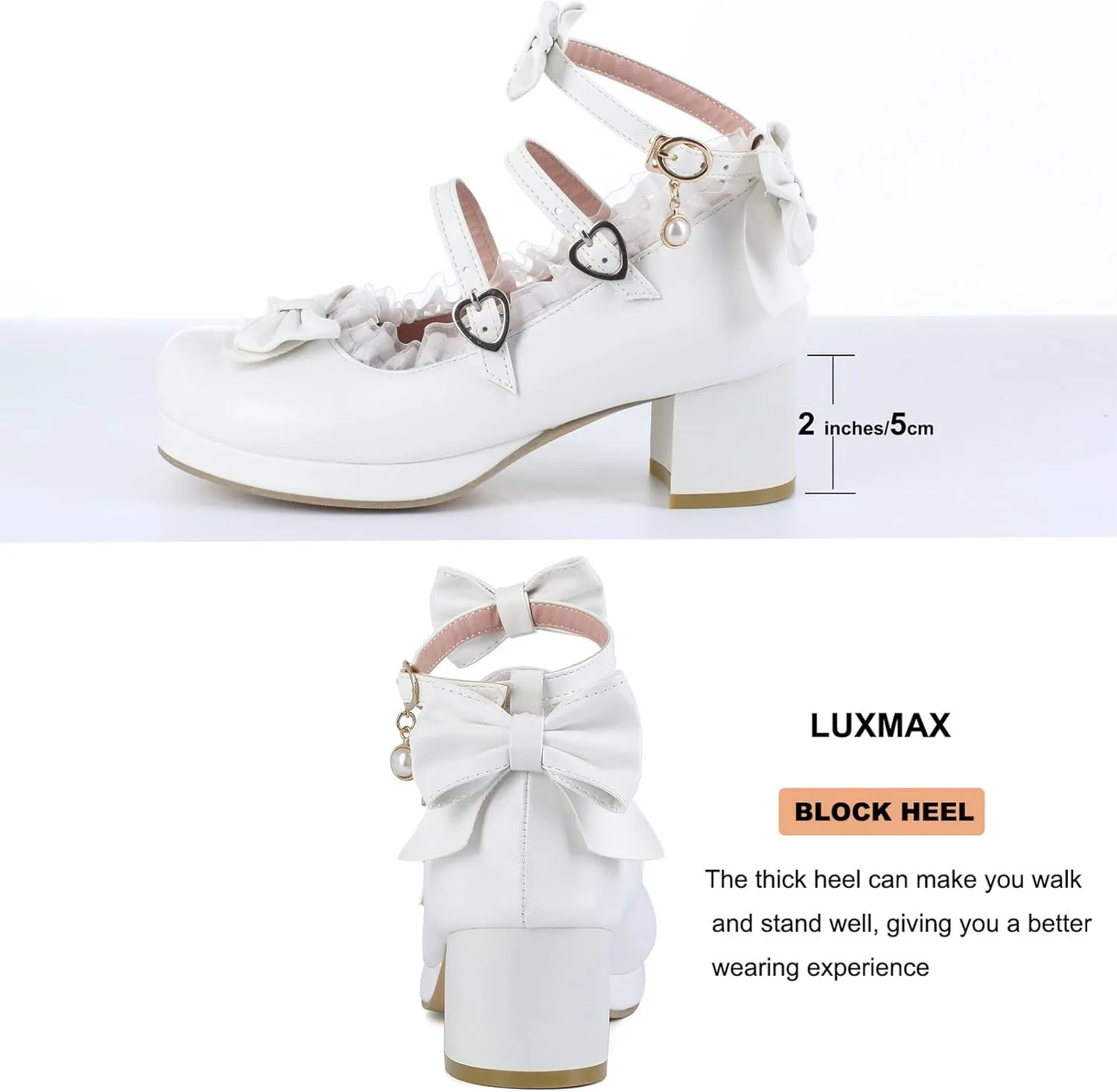 LUXMAX Women Cute Shoes Kawaii Pumps Mid Block Heel Mary Janes Platform Sweet Cosplay Dress Shoes Strappy Ankle Strap Pumps with Bow