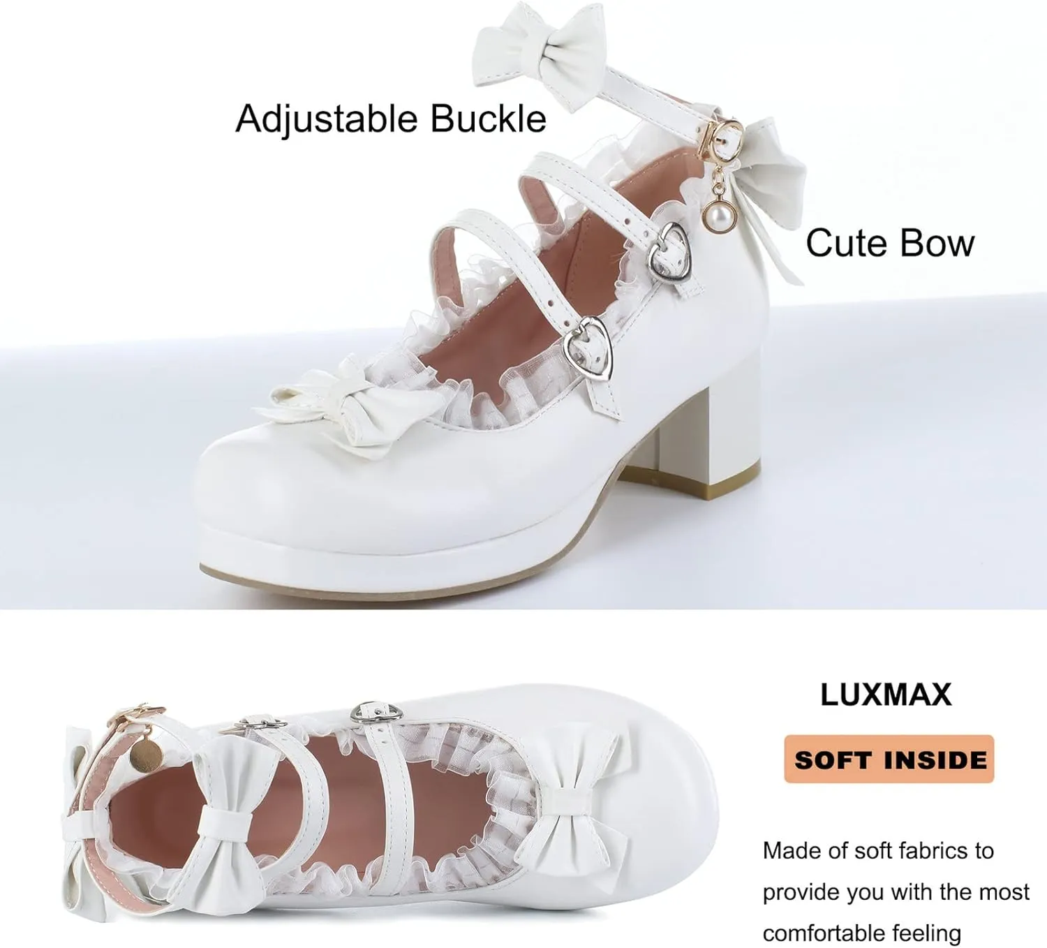 LUXMAX Women Cute Shoes Kawaii Pumps Mid Block Heel Mary Janes Platform Sweet Cosplay Dress Shoes Strappy Ankle Strap Pumps with Bow