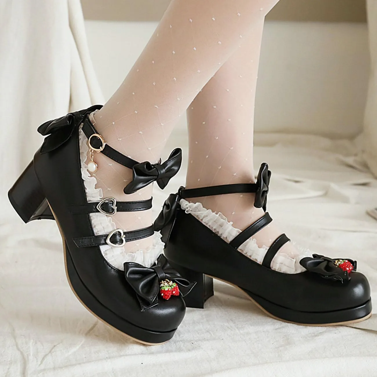 LUXMAX Women Cute Shoes Kawaii Pumps Mid Block Heel Mary Janes Platform Sweet Cosplay Dress Shoes Strappy Ankle Strap Pumps with Bow