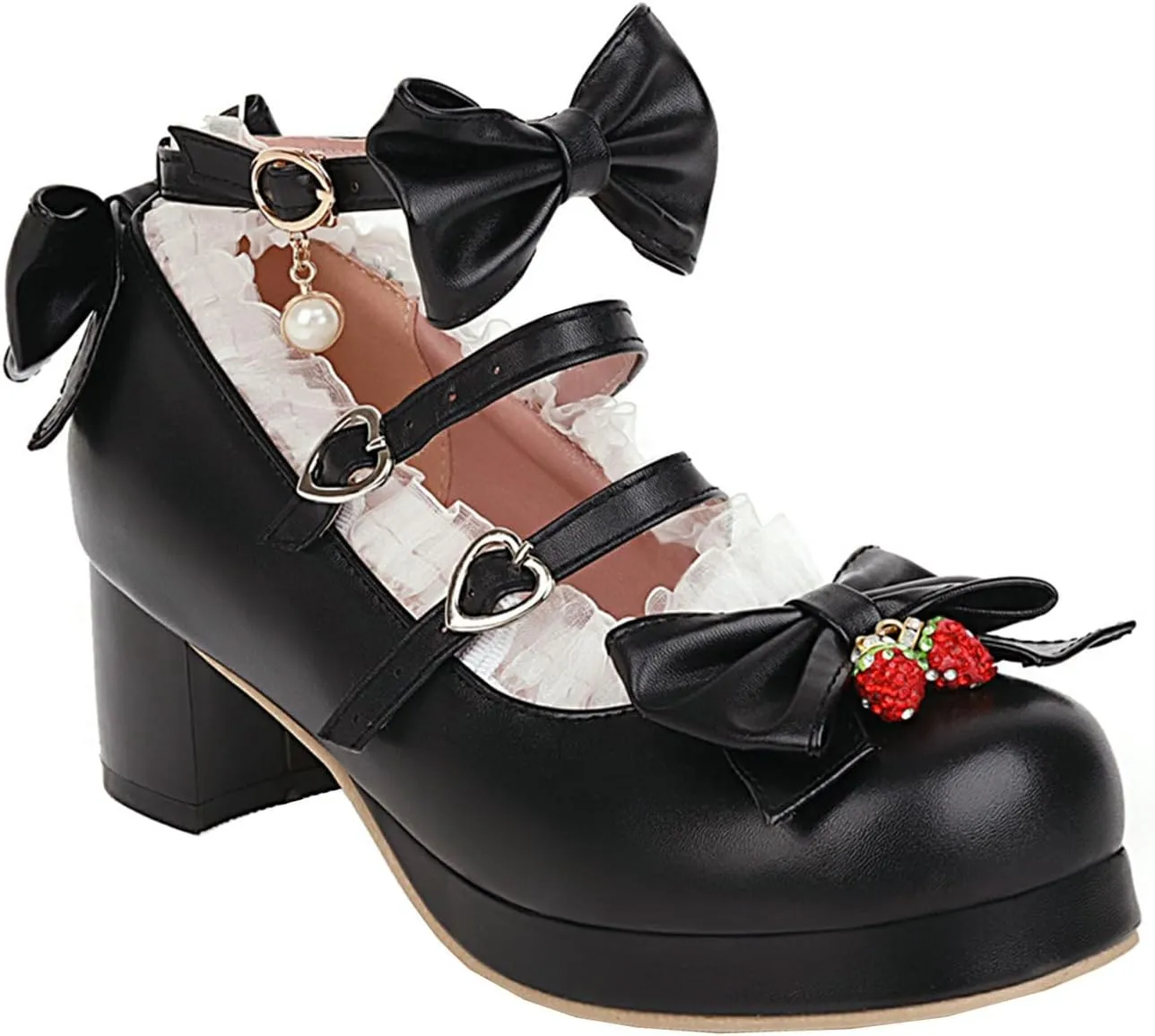 LUXMAX Women Cute Shoes Kawaii Pumps Mid Block Heel Mary Janes Platform Sweet Cosplay Dress Shoes Strappy Ankle Strap Pumps with Bow