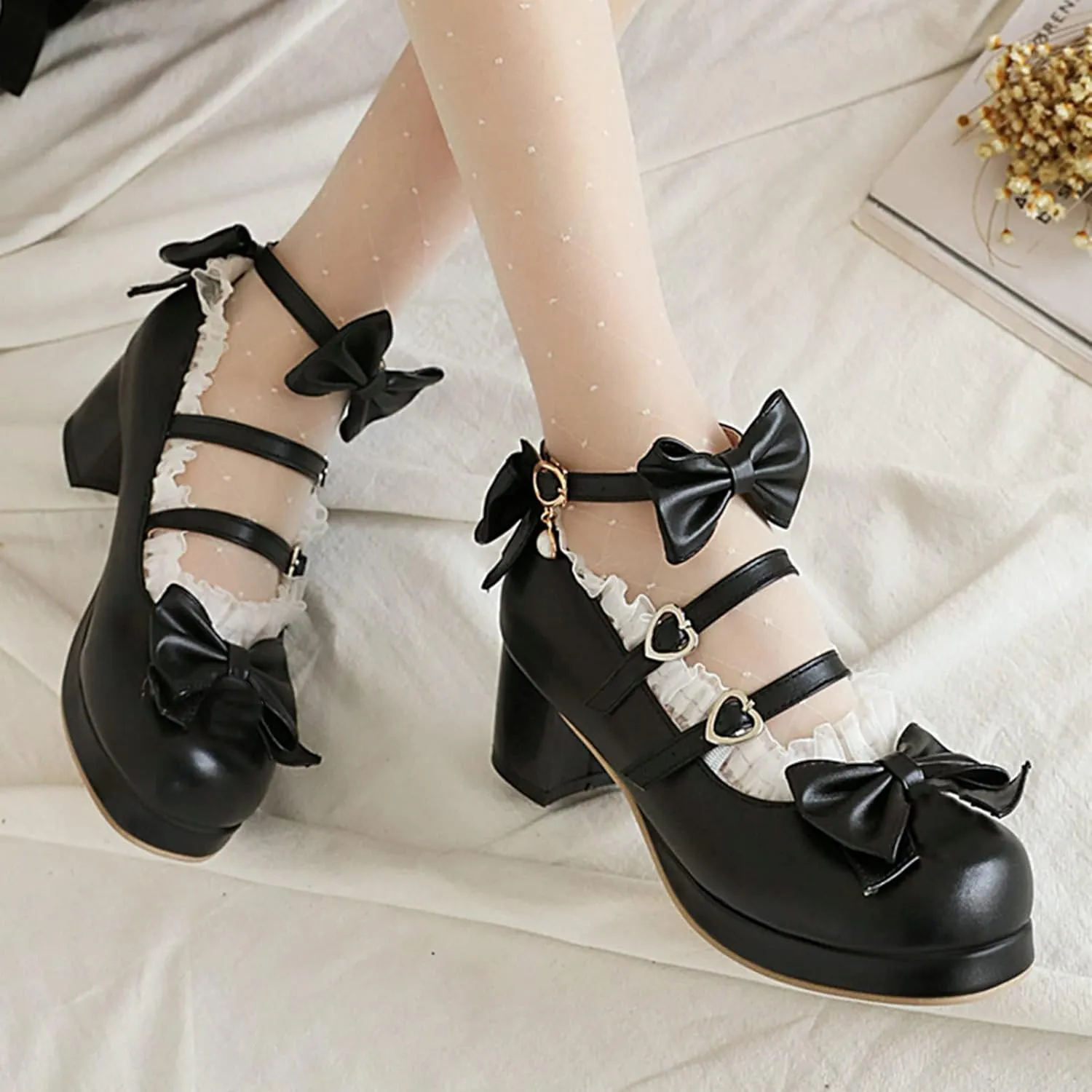 LUXMAX Women Cute Shoes Kawaii Pumps Mid Block Heel Mary Janes Platform Sweet Cosplay Dress Shoes Strappy Ankle Strap Pumps with Bow