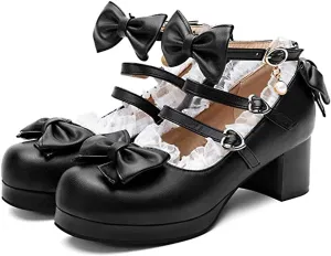 LUXMAX Women Cute Shoes Kawaii Pumps Mid Block Heel Mary Janes Platform Sweet Cosplay Dress Shoes Strappy Ankle Strap Pumps with Bow