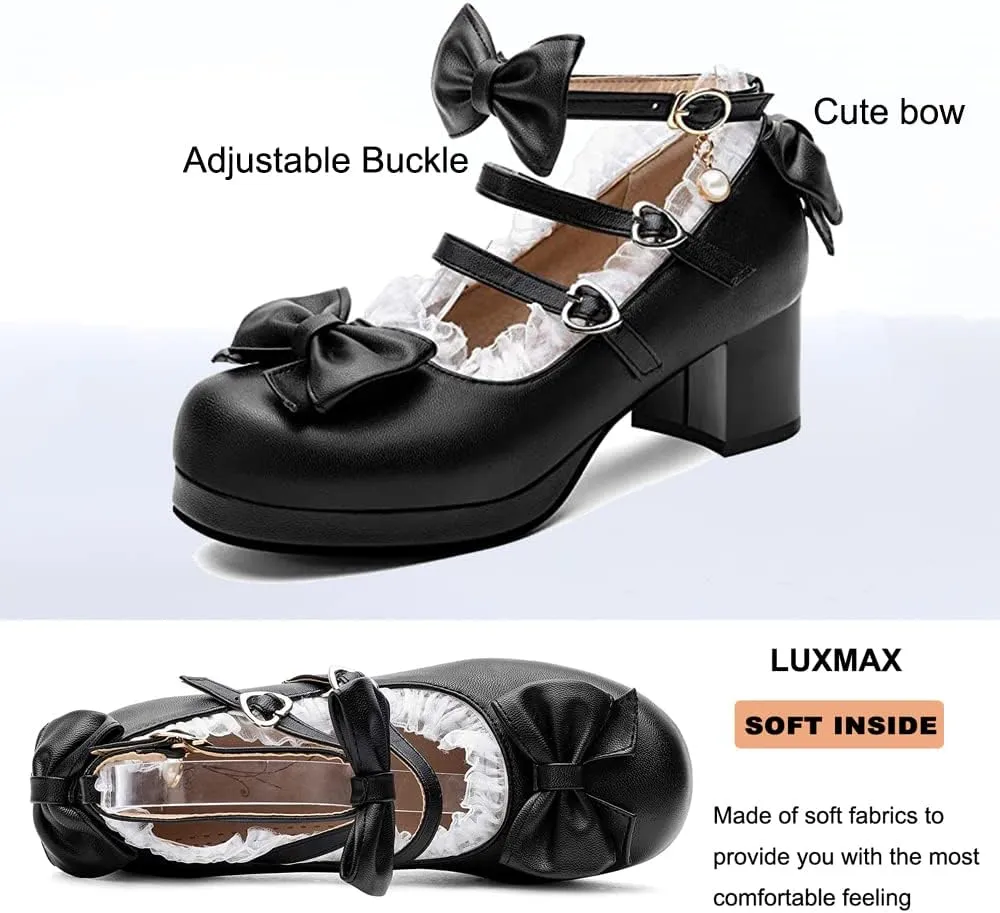LUXMAX Women Cute Shoes Kawaii Pumps Mid Block Heel Mary Janes Platform Sweet Cosplay Dress Shoes Strappy Ankle Strap Pumps with Bow