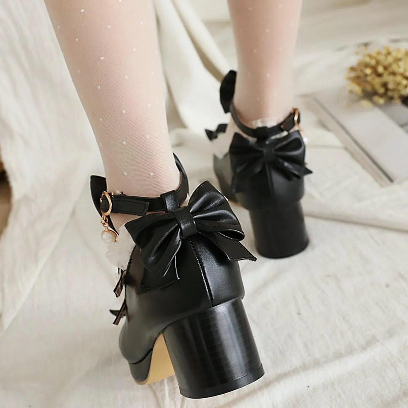 LUXMAX Women Cute Shoes Kawaii Pumps Mid Block Heel Mary Janes Platform Sweet Cosplay Dress Shoes Strappy Ankle Strap Pumps with Bow