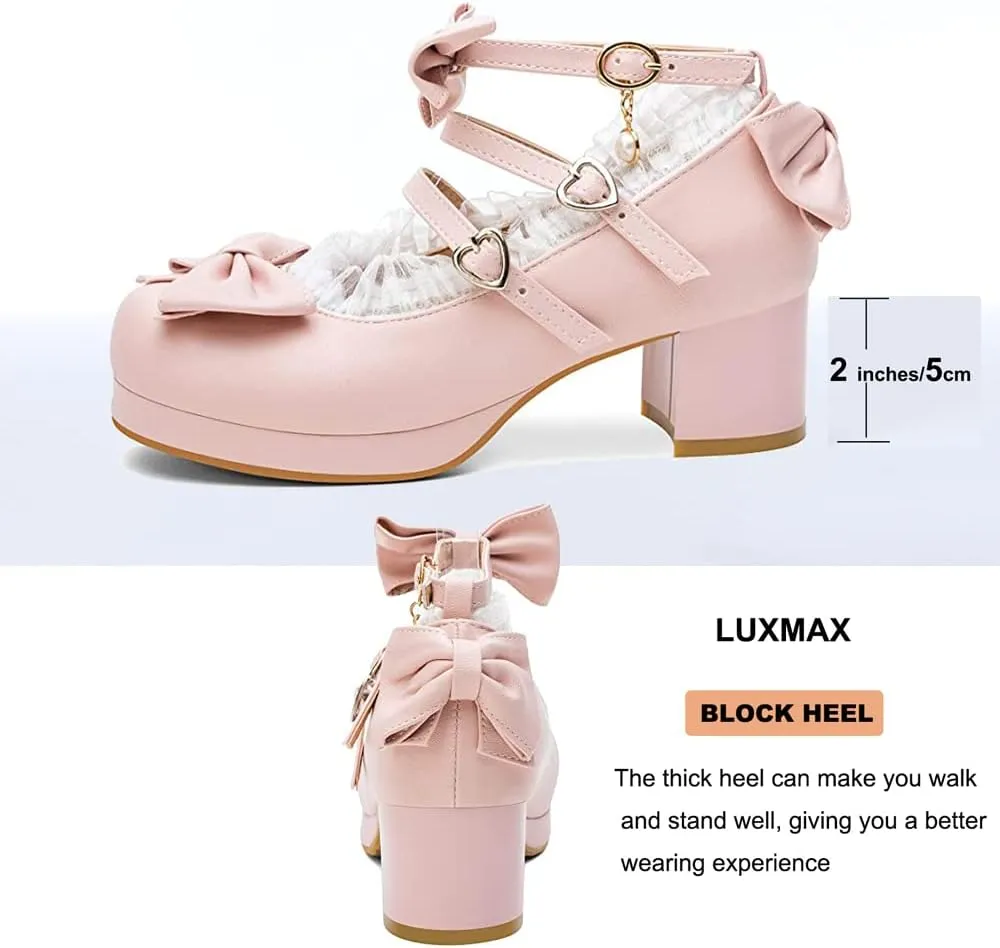 LUXMAX Women Cute Shoes Kawaii Pumps Mid Block Heel Mary Janes Platform Sweet Cosplay Dress Shoes Strappy Ankle Strap Pumps with Bow