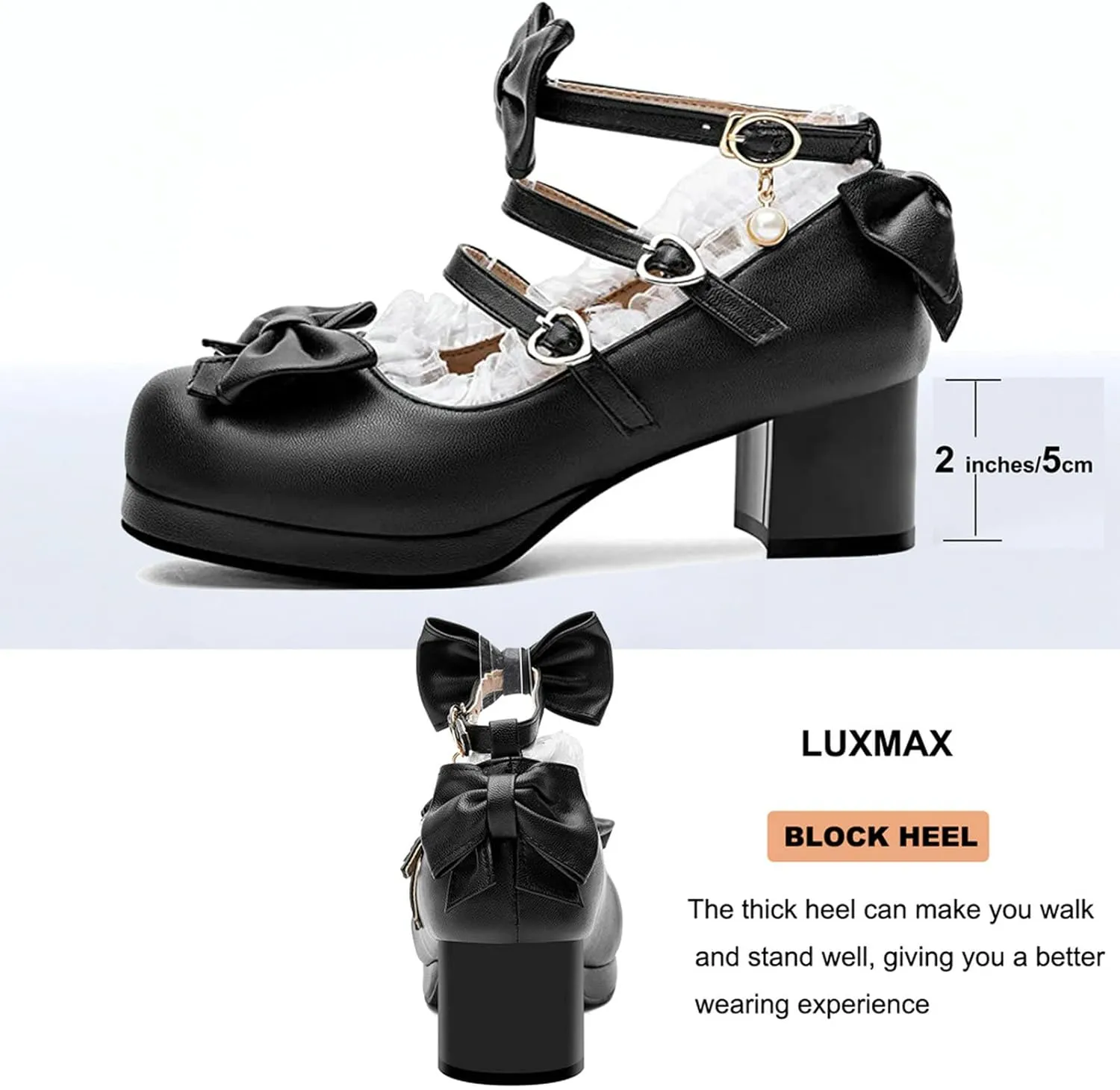 LUXMAX Women Cute Shoes Kawaii Pumps Mid Block Heel Mary Janes Platform Sweet Cosplay Dress Shoes Strappy Ankle Strap Pumps with Bow