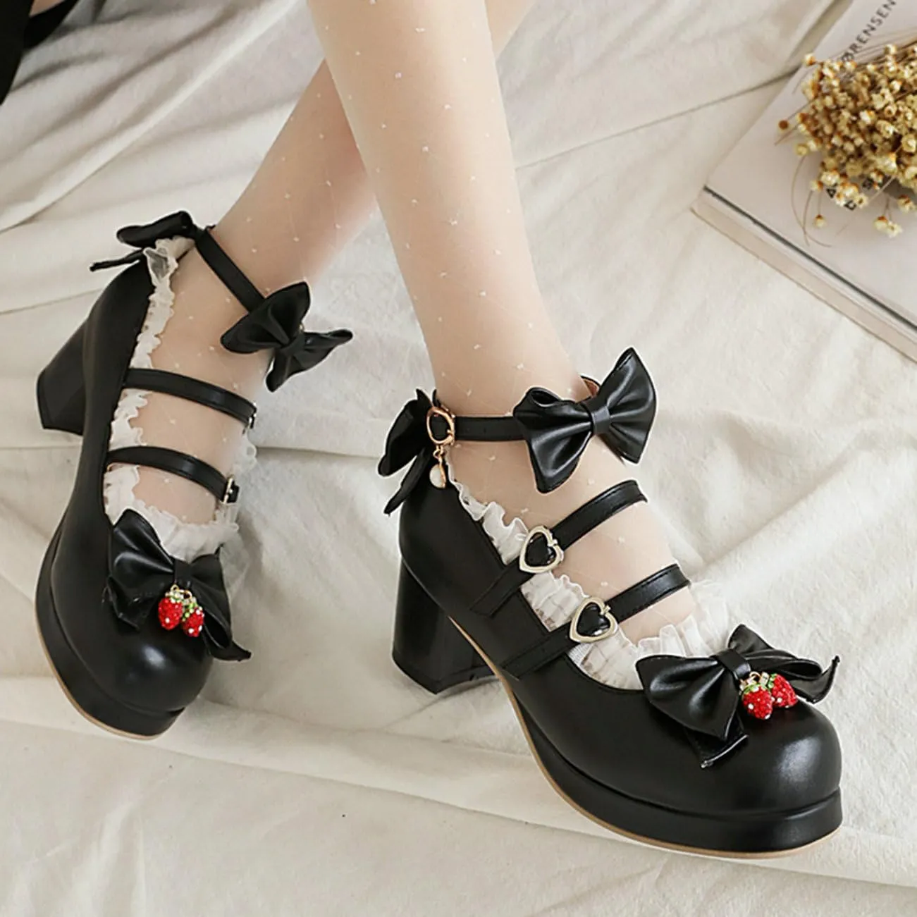 LUXMAX Women Cute Shoes Kawaii Pumps Mid Block Heel Mary Janes Platform Sweet Cosplay Dress Shoes Strappy Ankle Strap Pumps with Bow