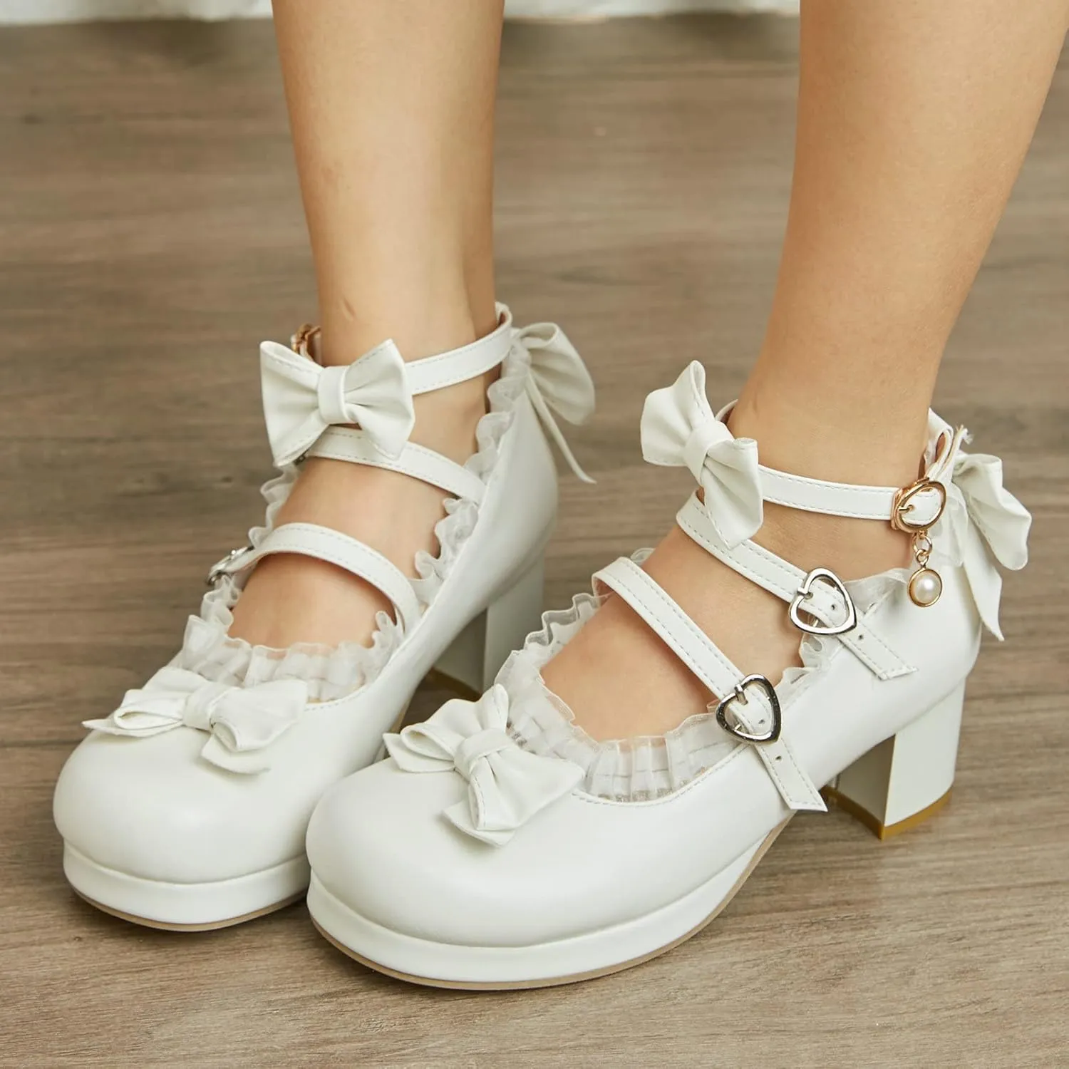 LUXMAX Women Cute Shoes Kawaii Pumps Mid Block Heel Mary Janes Platform Sweet Cosplay Dress Shoes Strappy Ankle Strap Pumps with Bow