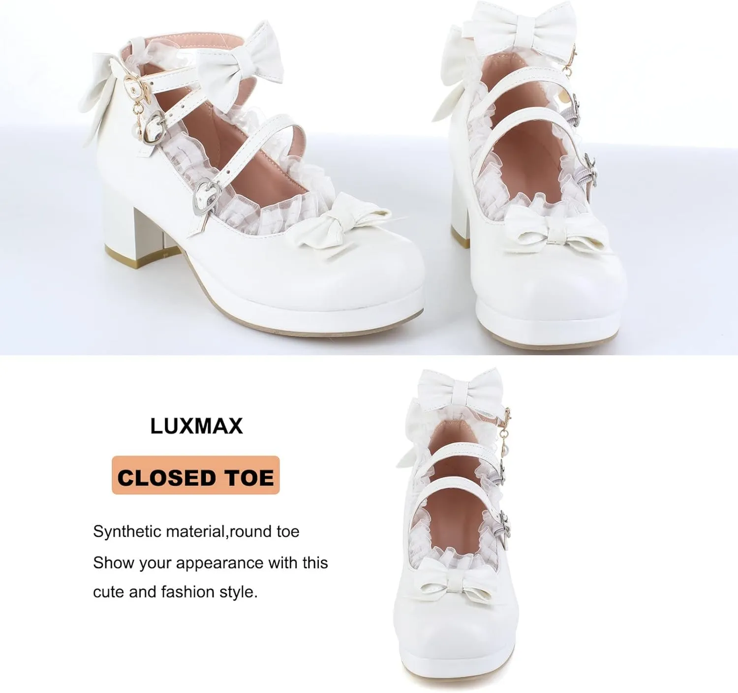 LUXMAX Women Cute Shoes Kawaii Pumps Mid Block Heel Mary Janes Platform Sweet Cosplay Dress Shoes Strappy Ankle Strap Pumps with Bow