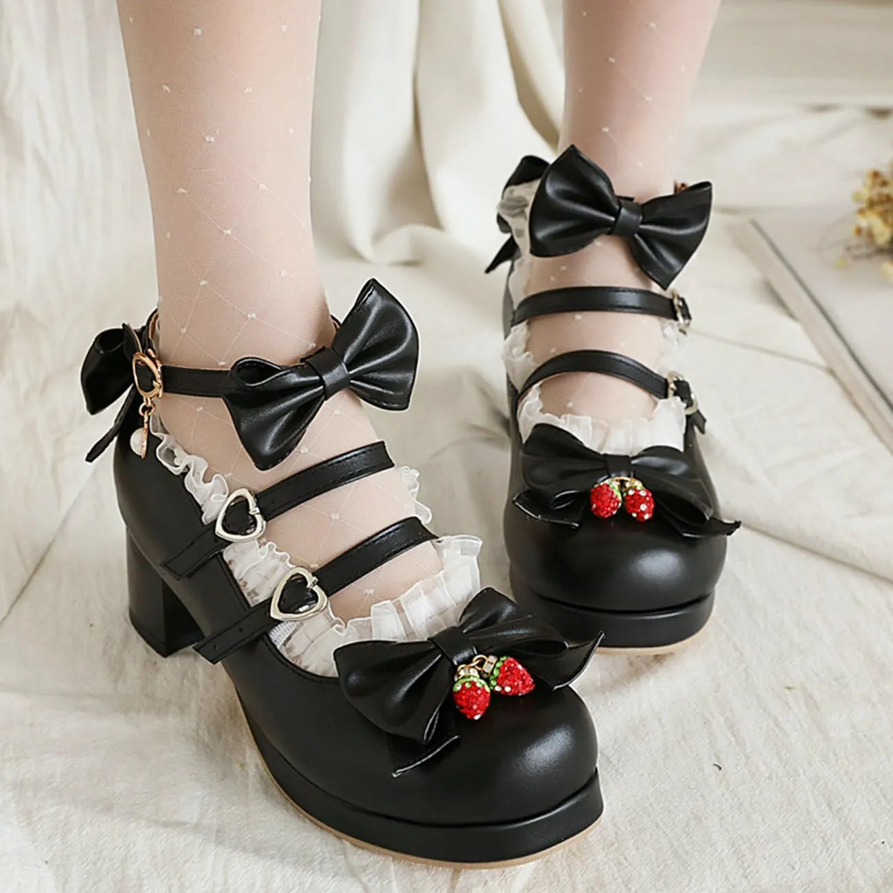 LUXMAX Women Cute Shoes Kawaii Pumps Mid Block Heel Mary Janes Platform Sweet Cosplay Dress Shoes Strappy Ankle Strap Pumps with Bow