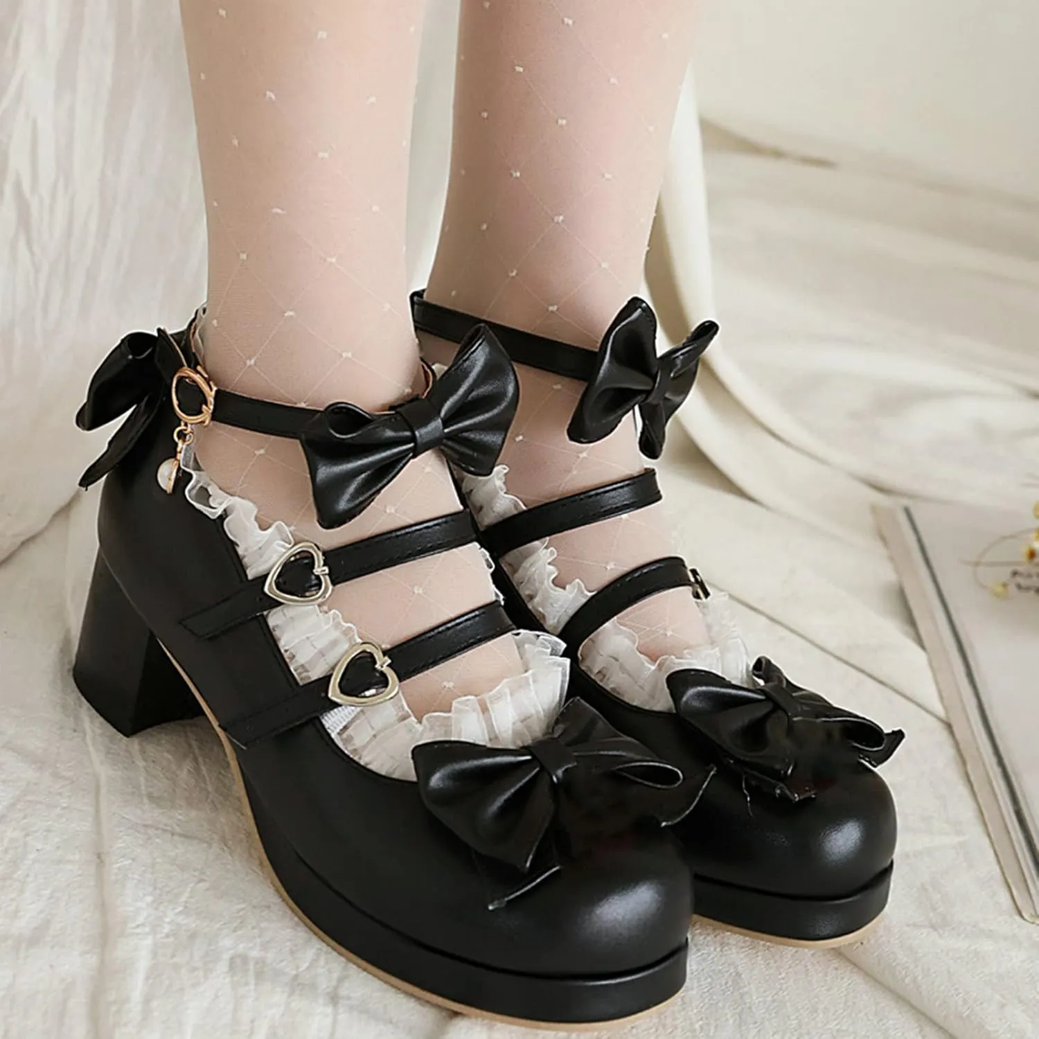 LUXMAX Women Cute Shoes Kawaii Pumps Mid Block Heel Mary Janes Platform Sweet Cosplay Dress Shoes Strappy Ankle Strap Pumps with Bow