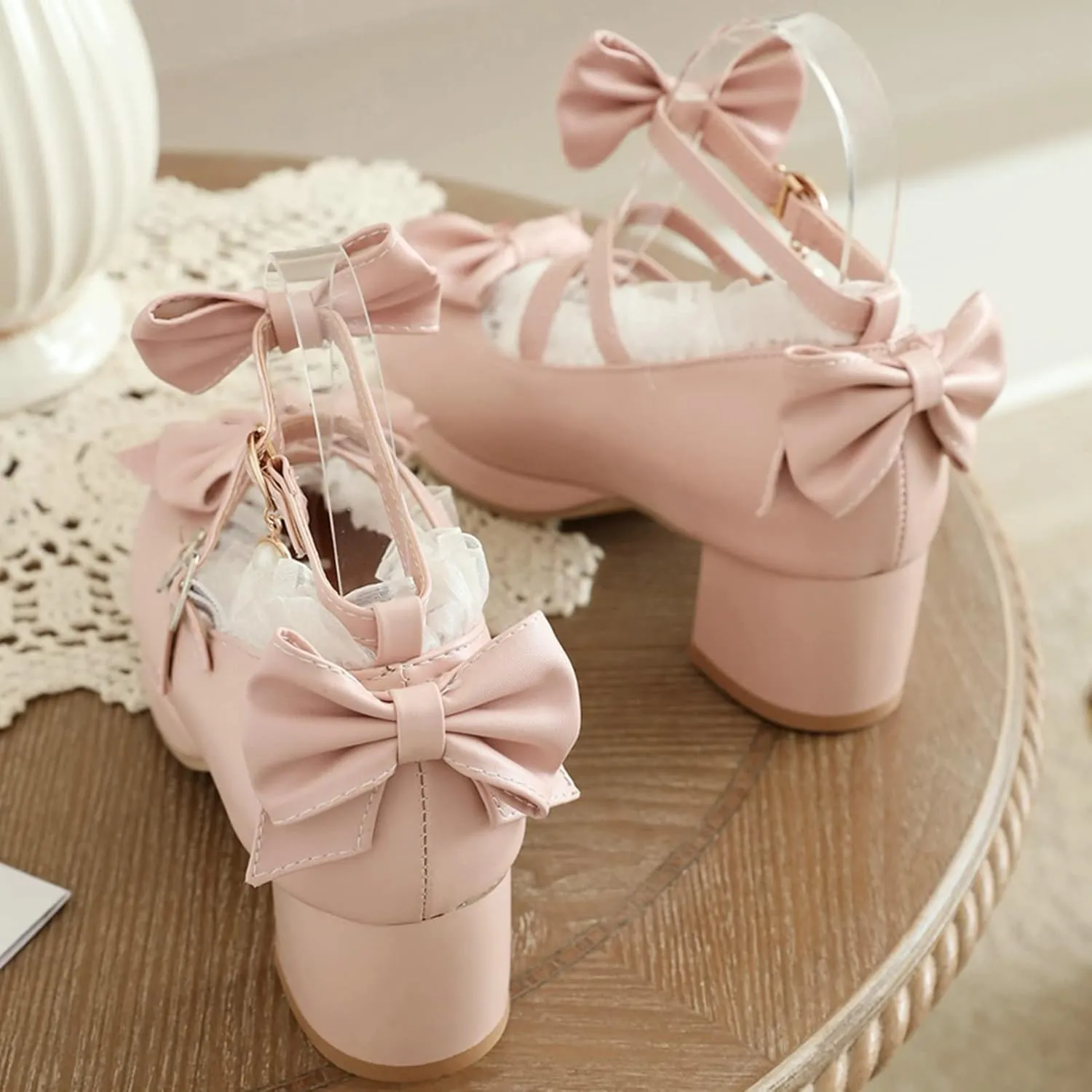 LUXMAX Women Cute Shoes Kawaii Pumps Mid Block Heel Mary Janes Platform Sweet Cosplay Dress Shoes Strappy Ankle Strap Pumps with Bow