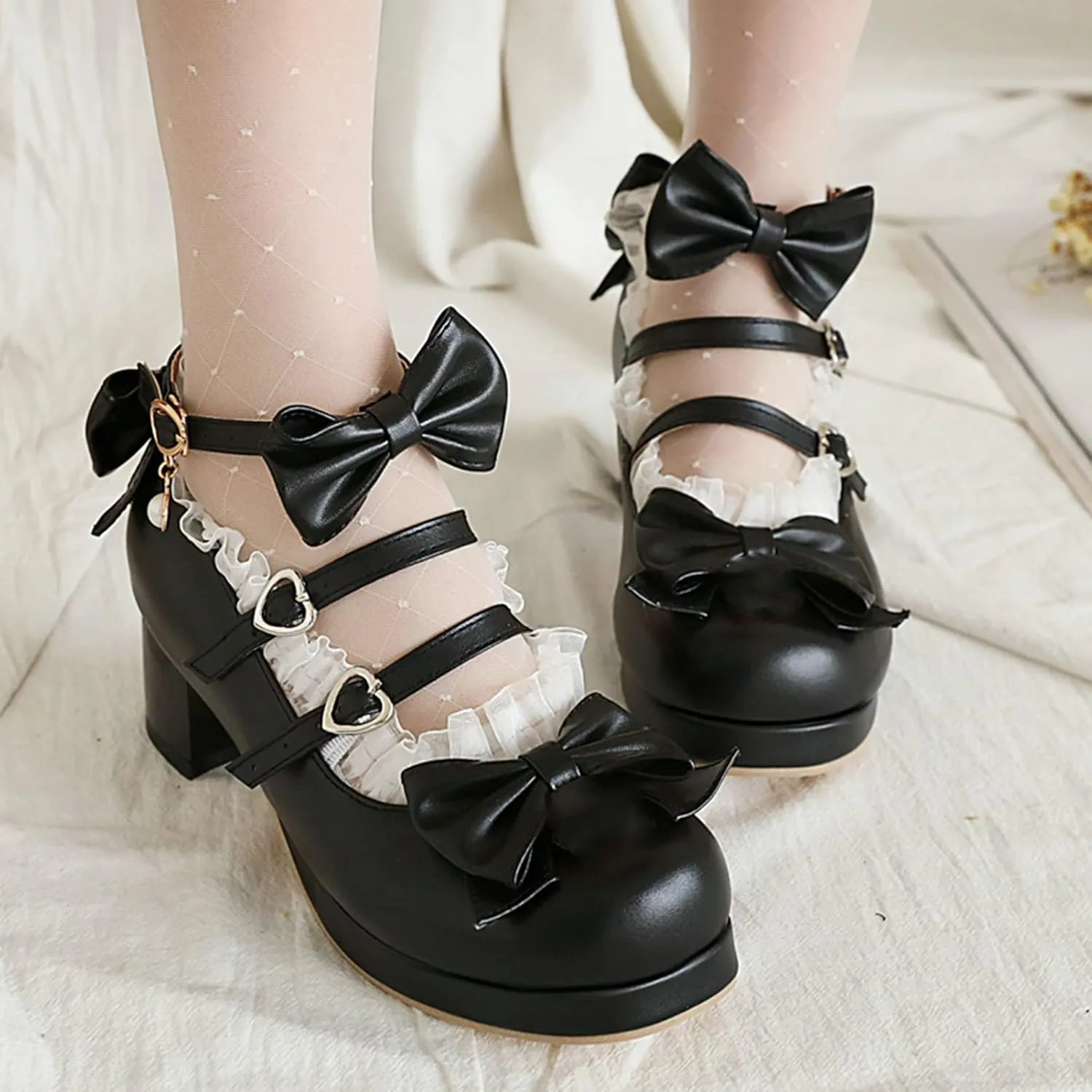 LUXMAX Women Cute Shoes Kawaii Pumps Mid Block Heel Mary Janes Platform Sweet Cosplay Dress Shoes Strappy Ankle Strap Pumps with Bow