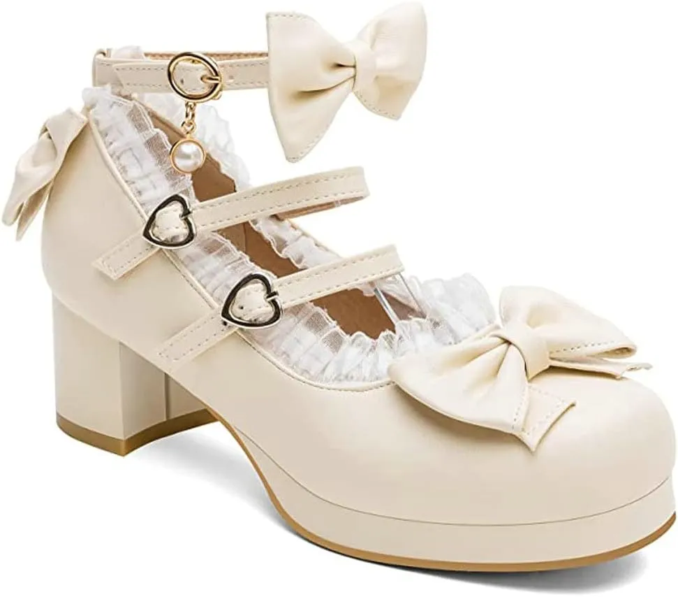 LUXMAX Women Cute Shoes Kawaii Pumps Mid Block Heel Mary Janes Platform Sweet Cosplay Dress Shoes Strappy Ankle Strap Pumps with Bow