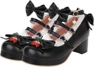 LUXMAX Women Cute Shoes Kawaii Pumps Mid Block Heel Mary Janes Platform Sweet Cosplay Dress Shoes Strappy Ankle Strap Pumps with Bow