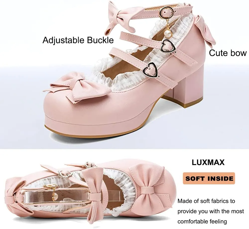 LUXMAX Women Cute Shoes Kawaii Pumps Mid Block Heel Mary Janes Platform Sweet Cosplay Dress Shoes Strappy Ankle Strap Pumps with Bow