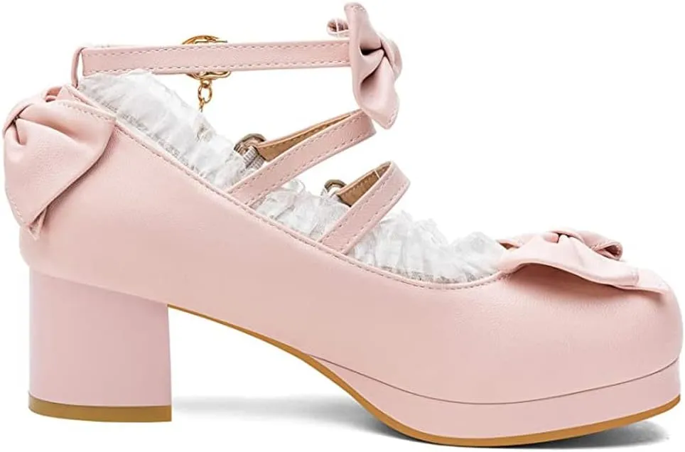 LUXMAX Women Cute Shoes Kawaii Pumps Mid Block Heel Mary Janes Platform Sweet Cosplay Dress Shoes Strappy Ankle Strap Pumps with Bow