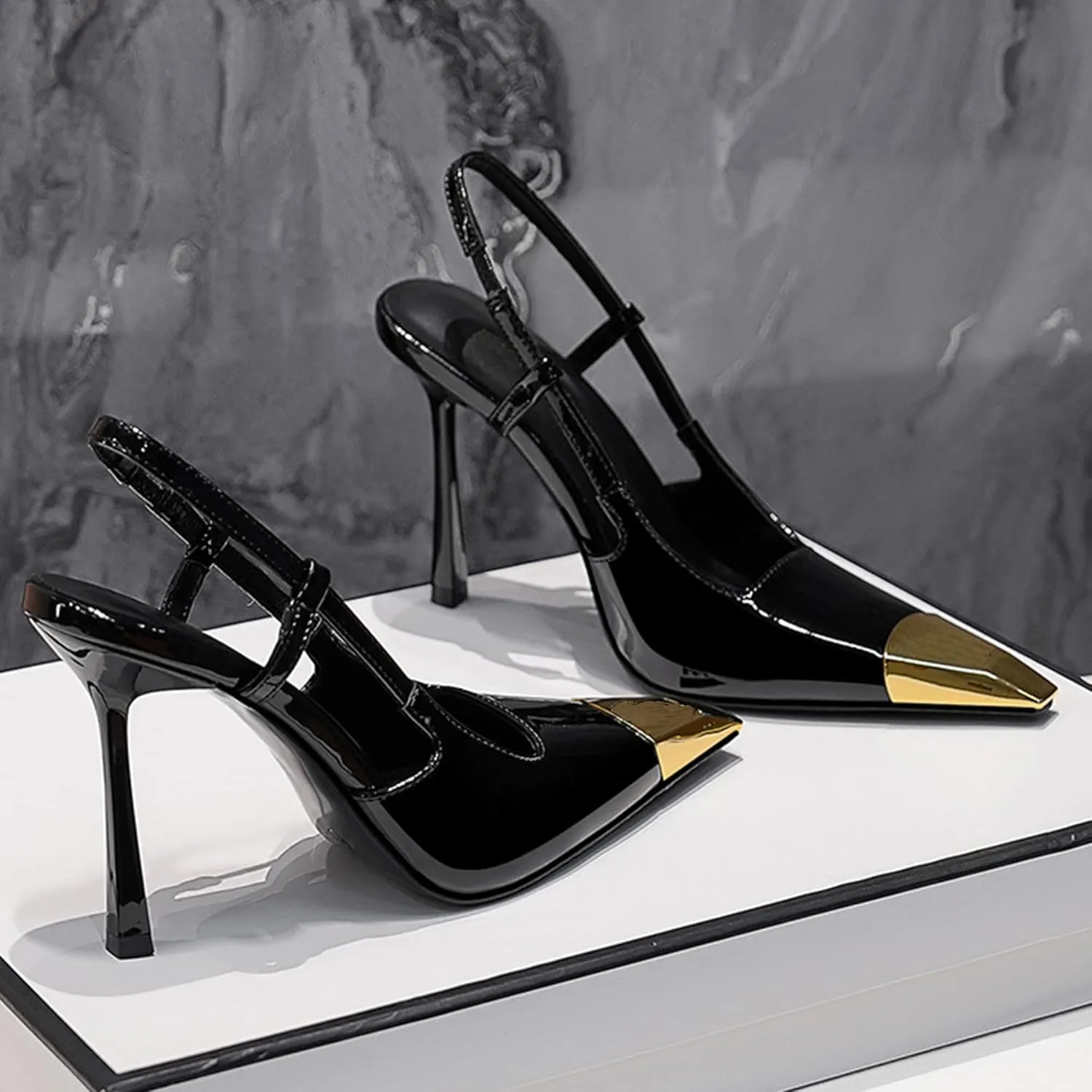 MeiLuSi Womens Slingback Heels Metal Pointed Toe Leather High Heels Stiletto Heel Pumps Backless Pumps Slip on Elastic Strap Party Dress Shoes