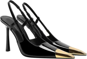 MeiLuSi Womens Slingback Heels Metal Pointed Toe Leather High Heels Stiletto Heel Pumps Backless Pumps Slip on Elastic Strap Party Dress Shoes