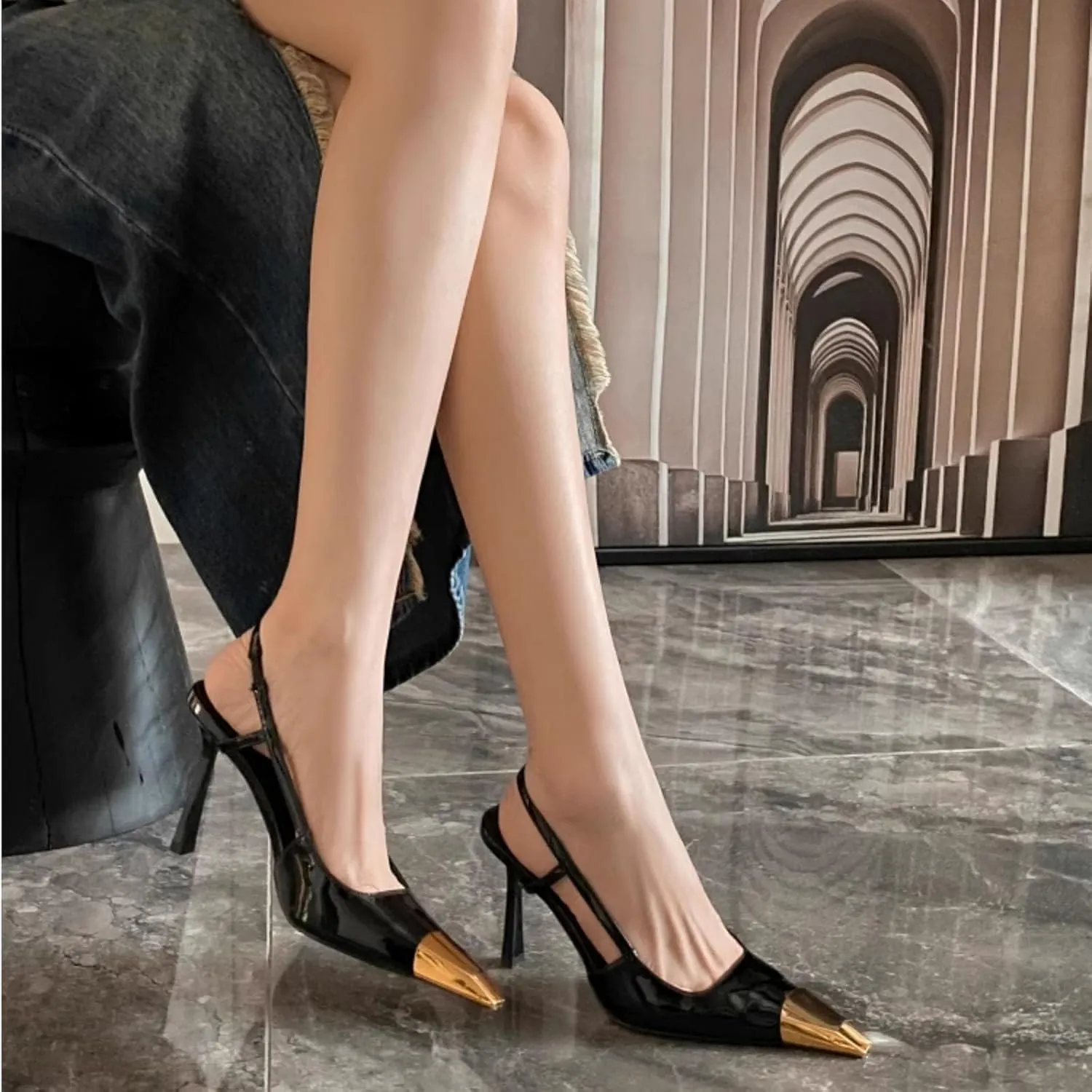 MeiLuSi Womens Slingback Heels Metal Pointed Toe Leather High Heels Stiletto Heel Pumps Backless Pumps Slip on Elastic Strap Party Dress Shoes