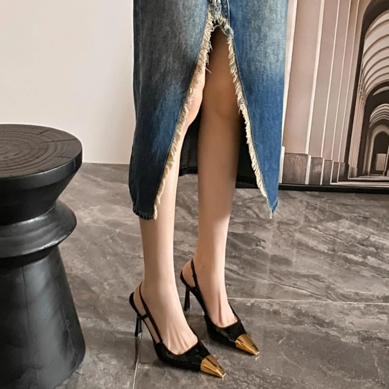MeiLuSi Womens Slingback Heels Metal Pointed Toe Leather High Heels Stiletto Heel Pumps Backless Pumps Slip on Elastic Strap Party Dress Shoes