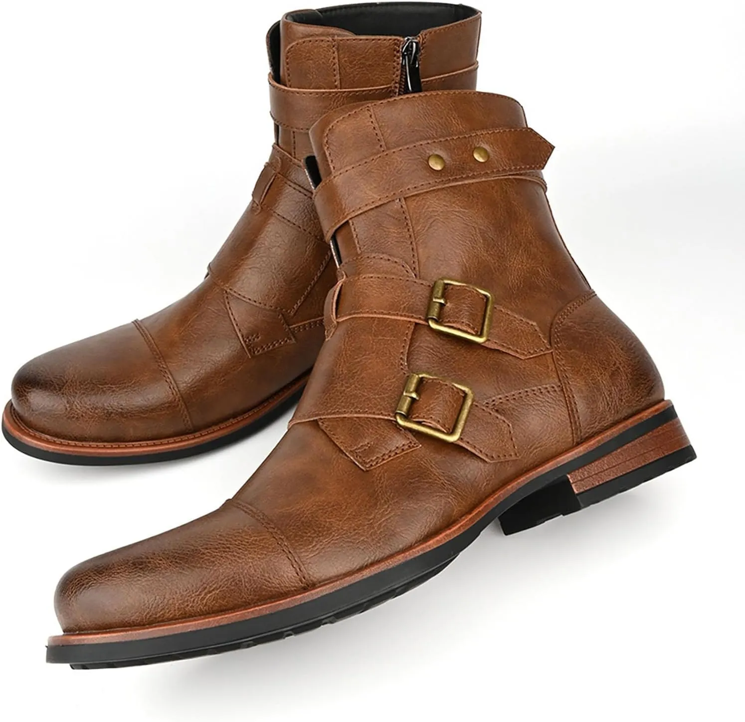 Men's Motorcycle Combat Boots Casual Dress Boots for Men Side Zipper Cap Toe