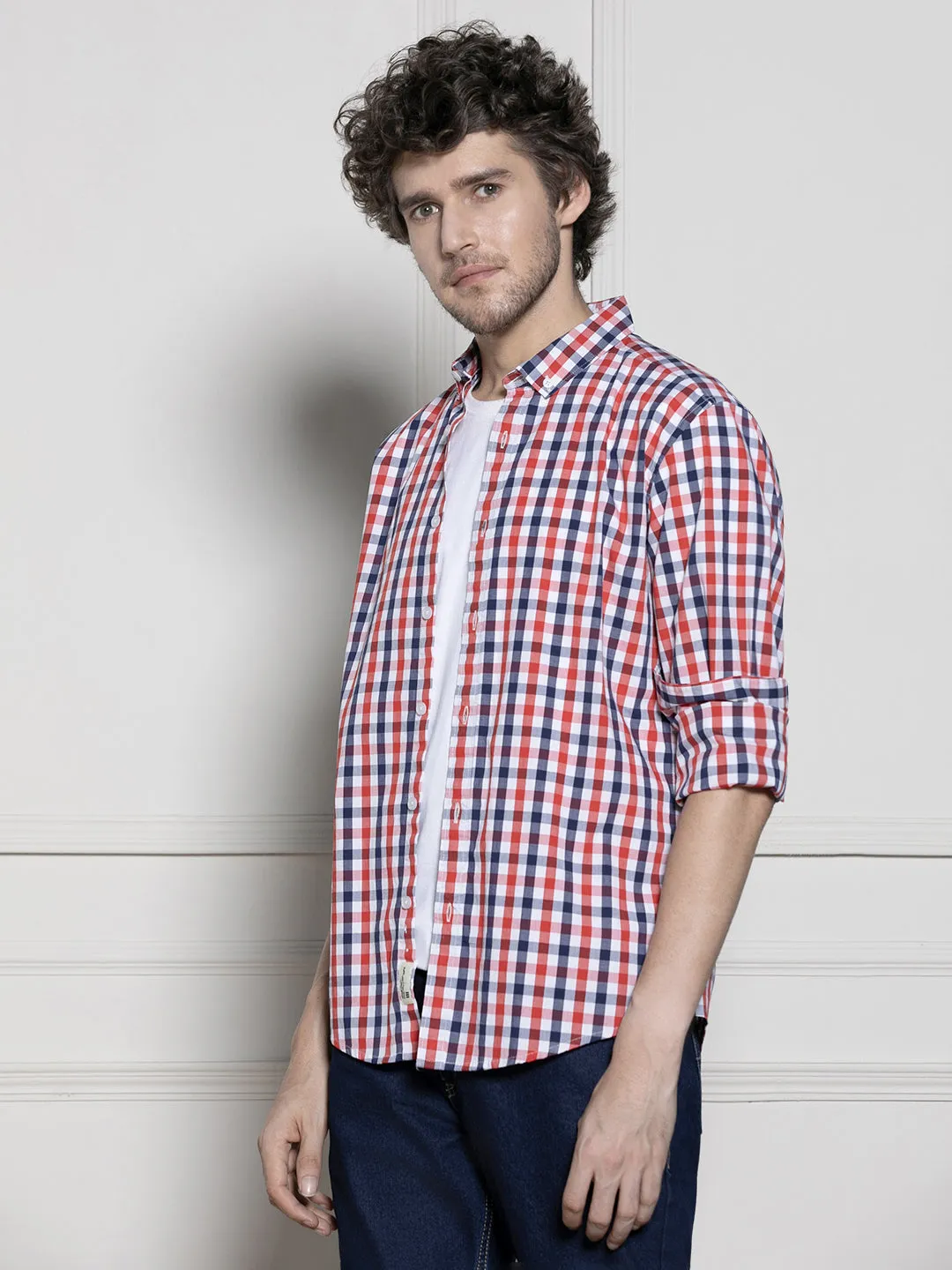 Men's Red Gingham Checks Casual Cotton Shirt