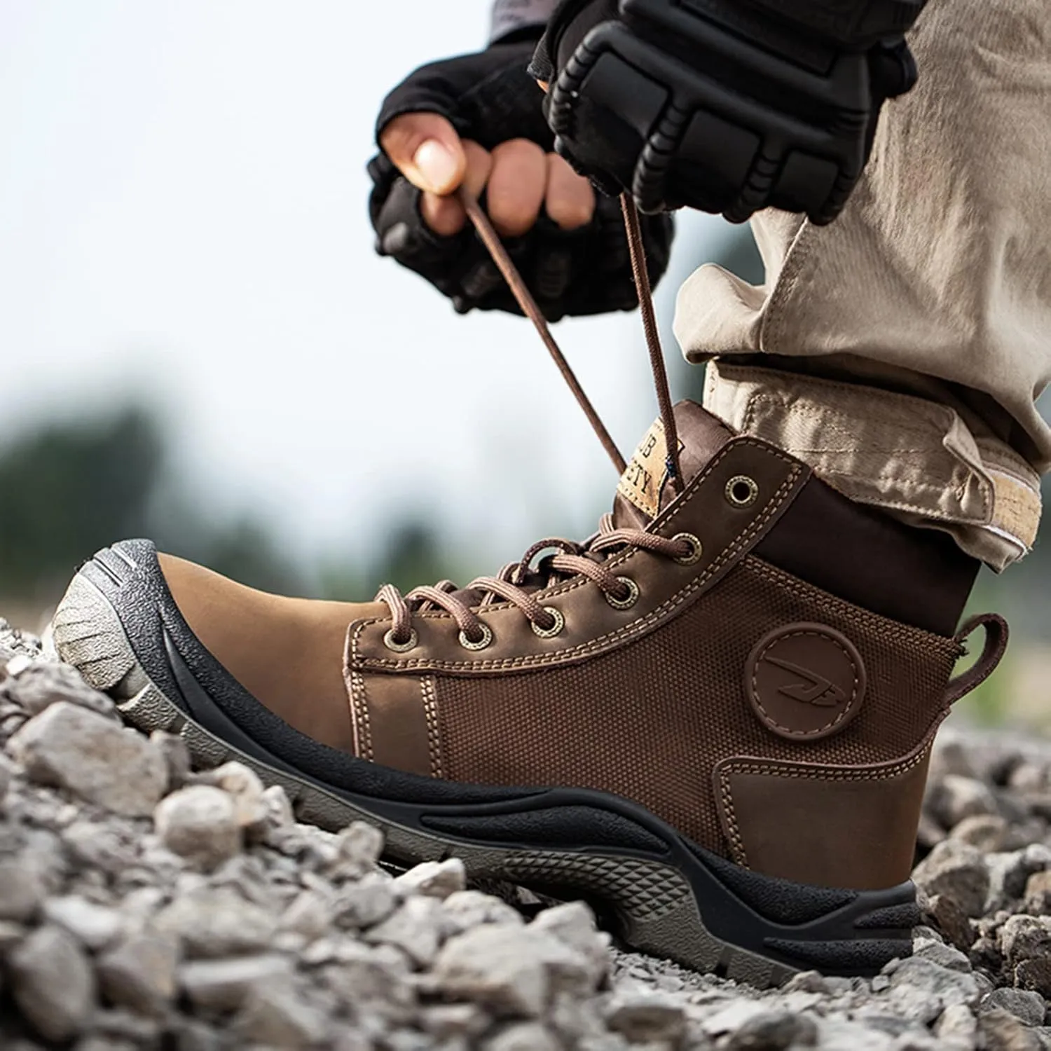 Mens Steel Toe Work Boots Waterproof Safety Shoes Genuine Leather Snow Hiking Boots Nonslip Anti-Piece Construction Work Sneakers