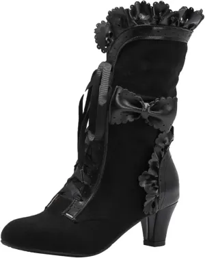 Mid Calf Boots for Women, Vintage Dress Riding Fall Shoes Lace Up Victorian Boots With Bow Witch Mid Calf Up Combat Boots