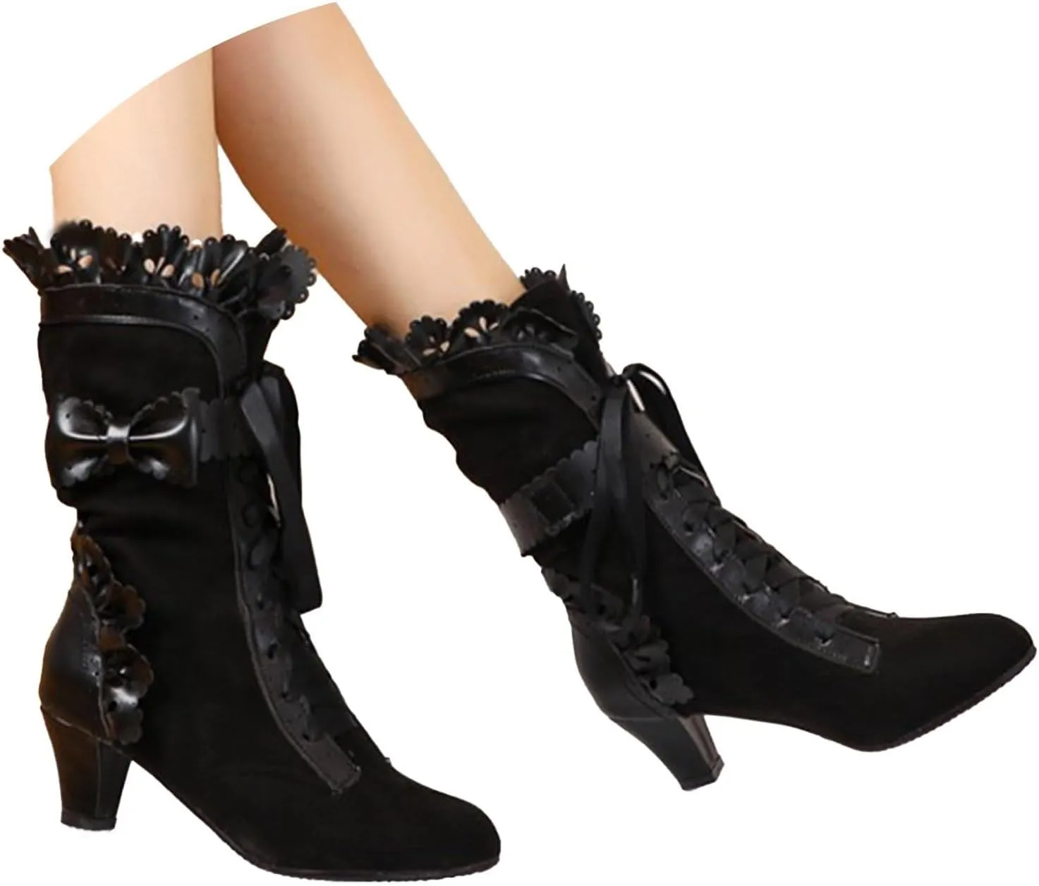 Mid Calf Boots for Women, Vintage Dress Riding Fall Shoes Lace Up Victorian Boots With Bow Witch Mid Calf Up Combat Boots
