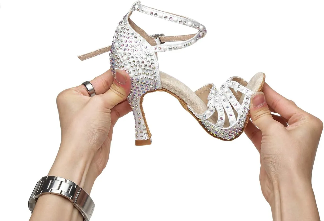 Minishion Women's Ankle Strap Beading Ballroom Dance Shoes Evening Sandals L430