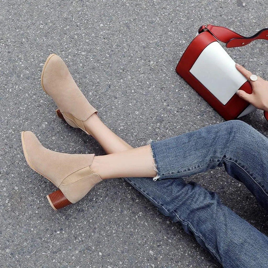 MIOKE Women's Casual Round Toe Dressy Ankle Boots Suede Chunky Block Mid Heel Elastic Chelsea Short Booties