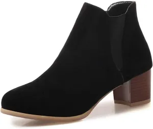 MIOKE Women's Casual Round Toe Dressy Ankle Boots Suede Chunky Block Mid Heel Elastic Chelsea Short Booties