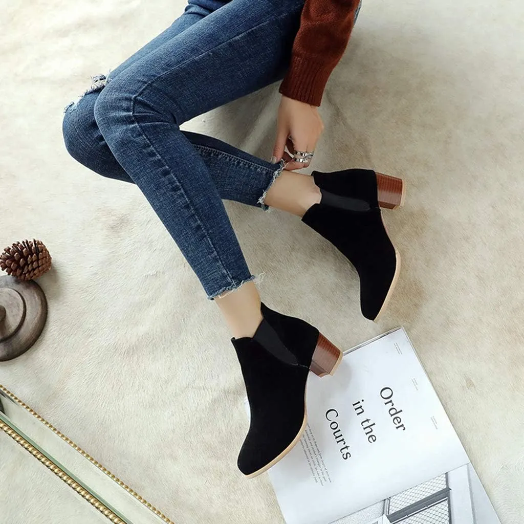 MIOKE Women's Casual Round Toe Dressy Ankle Boots Suede Chunky Block Mid Heel Elastic Chelsea Short Booties