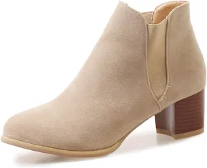 MIOKE Women's Casual Round Toe Dressy Ankle Boots Suede Chunky Block Mid Heel Elastic Chelsea Short Booties