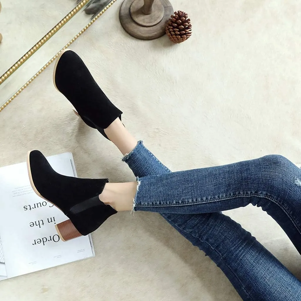 MIOKE Women's Casual Round Toe Dressy Ankle Boots Suede Chunky Block Mid Heel Elastic Chelsea Short Booties