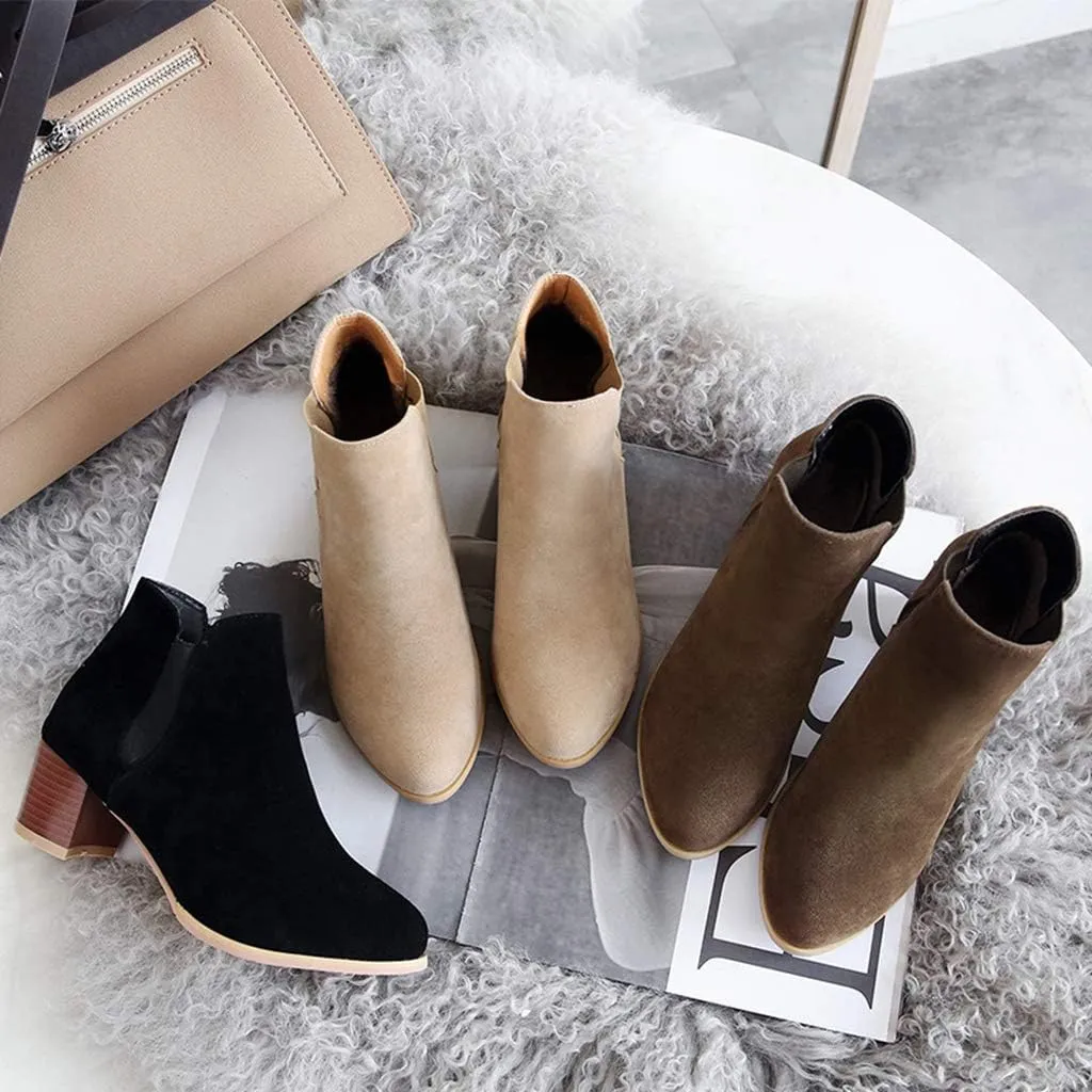 MIOKE Women's Casual Round Toe Dressy Ankle Boots Suede Chunky Block Mid Heel Elastic Chelsea Short Booties