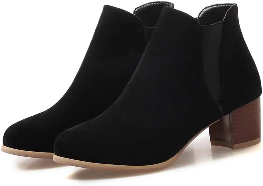 MIOKE Women's Casual Round Toe Dressy Ankle Boots Suede Chunky Block Mid Heel Elastic Chelsea Short Booties