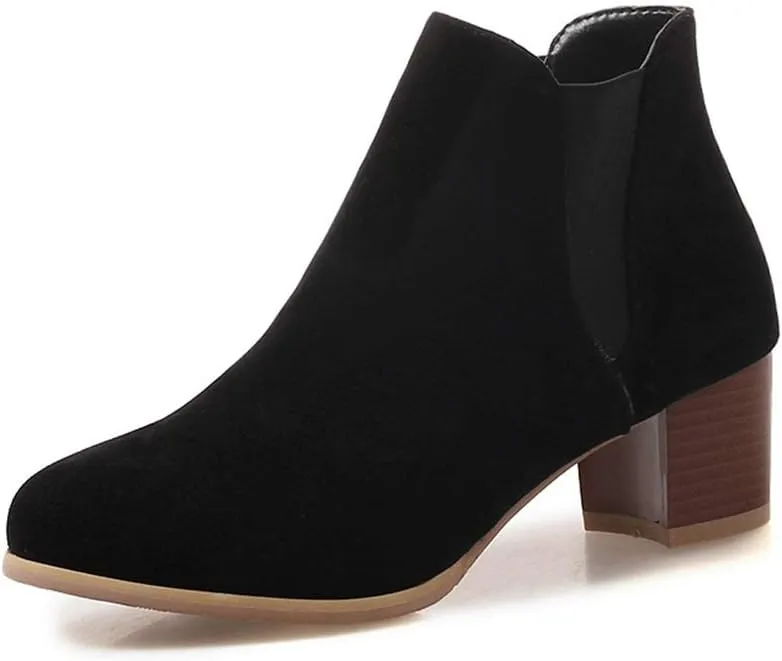 MIOKE Women's Casual Round Toe Dressy Ankle Boots Suede Chunky Block Mid Heel Elastic Chelsea Short Booties