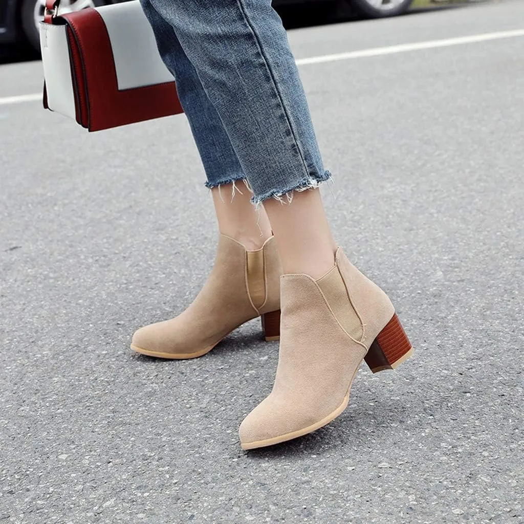 MIOKE Women's Casual Round Toe Dressy Ankle Boots Suede Chunky Block Mid Heel Elastic Chelsea Short Booties
