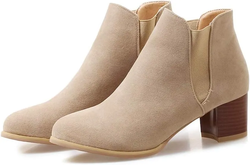 MIOKE Women's Casual Round Toe Dressy Ankle Boots Suede Chunky Block Mid Heel Elastic Chelsea Short Booties
