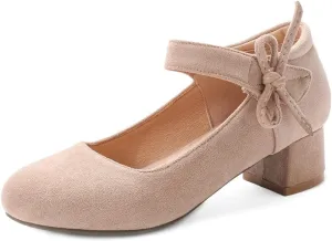 MIOKE Women's Chunky Mid Block Heel Pumps Round Toe Bowknot Suede Slip-On Comfort Dress Work Office Shoes