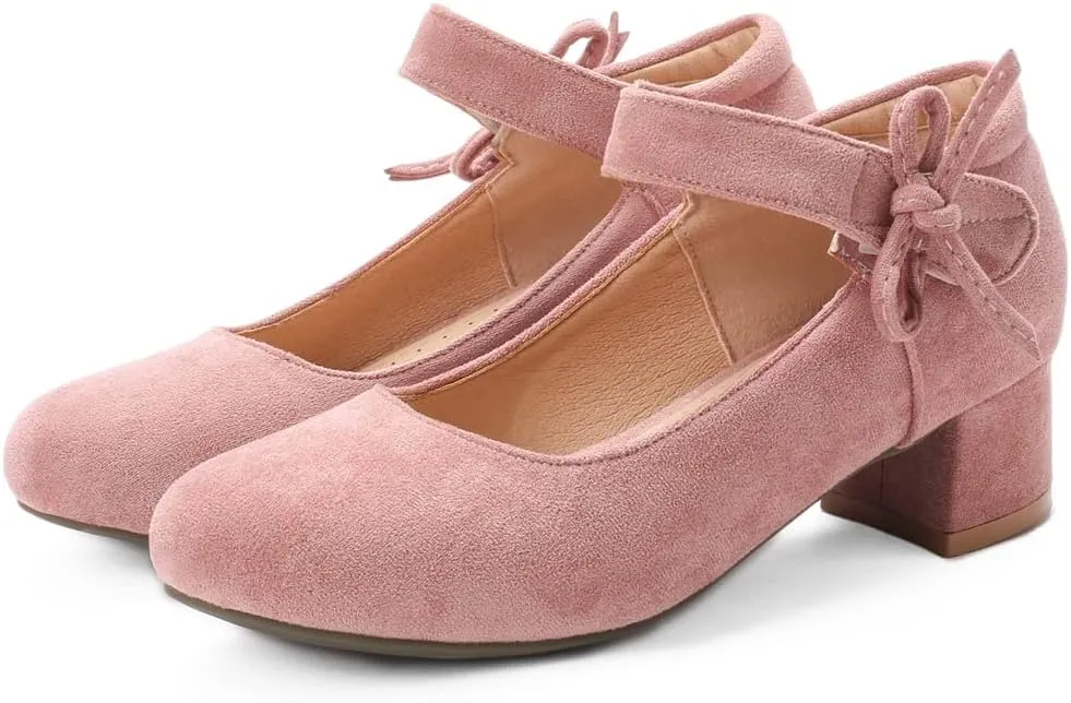 MIOKE Women's Chunky Mid Block Heel Pumps Round Toe Bowknot Suede Slip-On Comfort Dress Work Office Shoes
