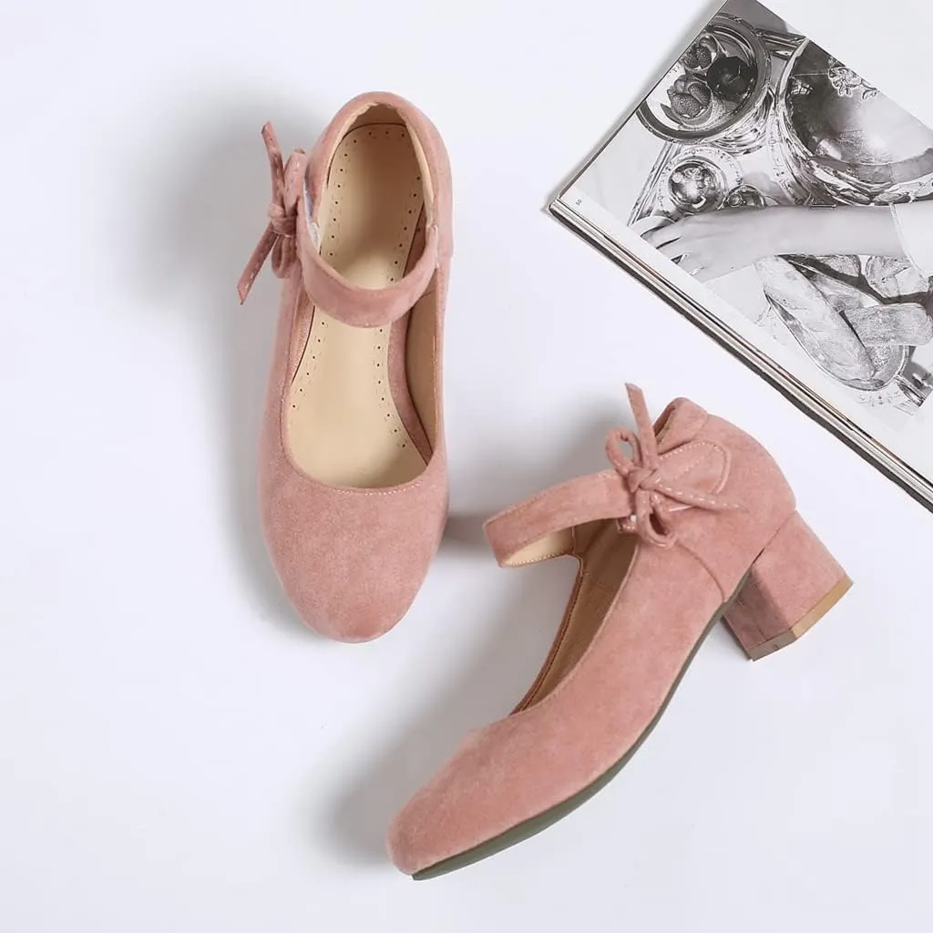 MIOKE Women's Chunky Mid Block Heel Pumps Round Toe Bowknot Suede Slip-On Comfort Dress Work Office Shoes