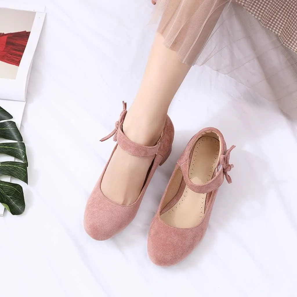 MIOKE Women's Chunky Mid Block Heel Pumps Round Toe Bowknot Suede Slip-On Comfort Dress Work Office Shoes
