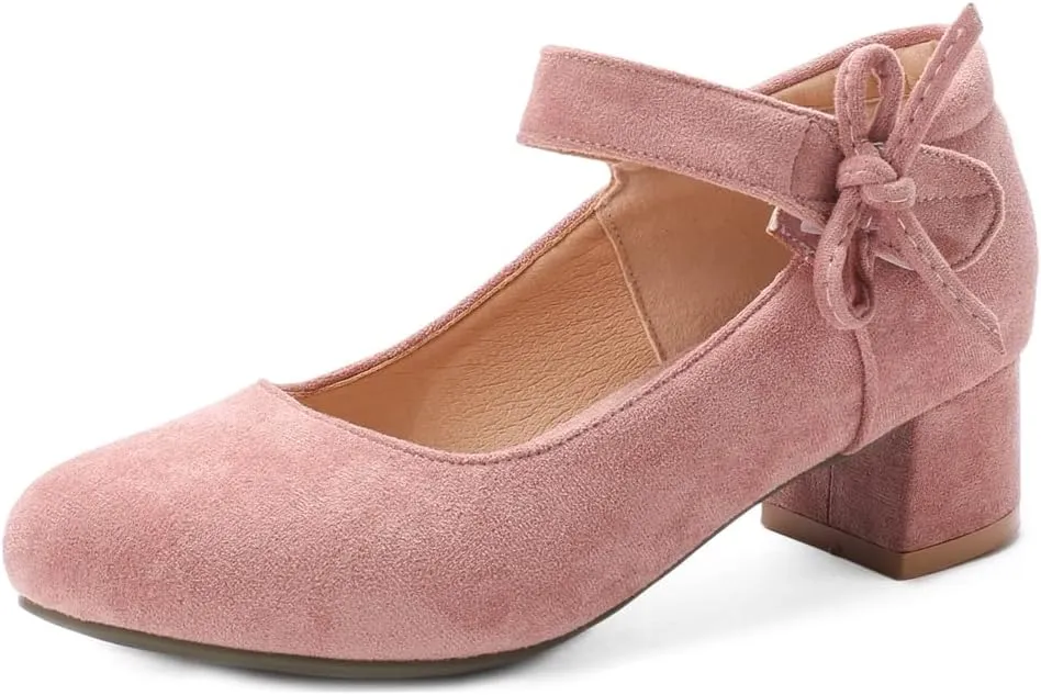 MIOKE Women's Chunky Mid Block Heel Pumps Round Toe Bowknot Suede Slip-On Comfort Dress Work Office Shoes