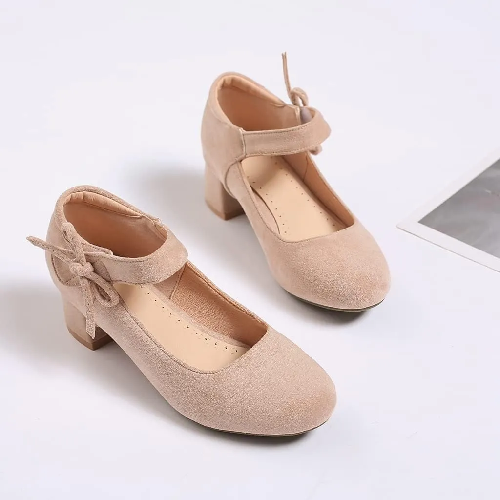 MIOKE Women's Chunky Mid Block Heel Pumps Round Toe Bowknot Suede Slip-On Comfort Dress Work Office Shoes